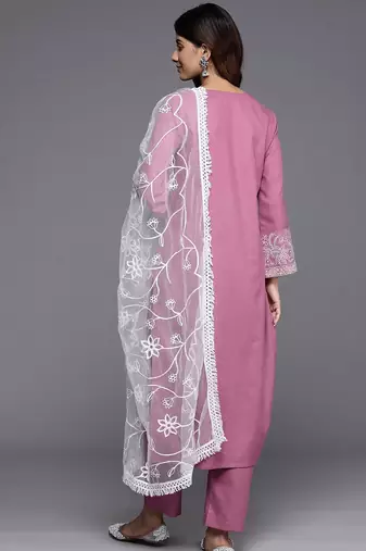 Floral Thread Embroidered Straight Kurta & Trousers With Dupatta
