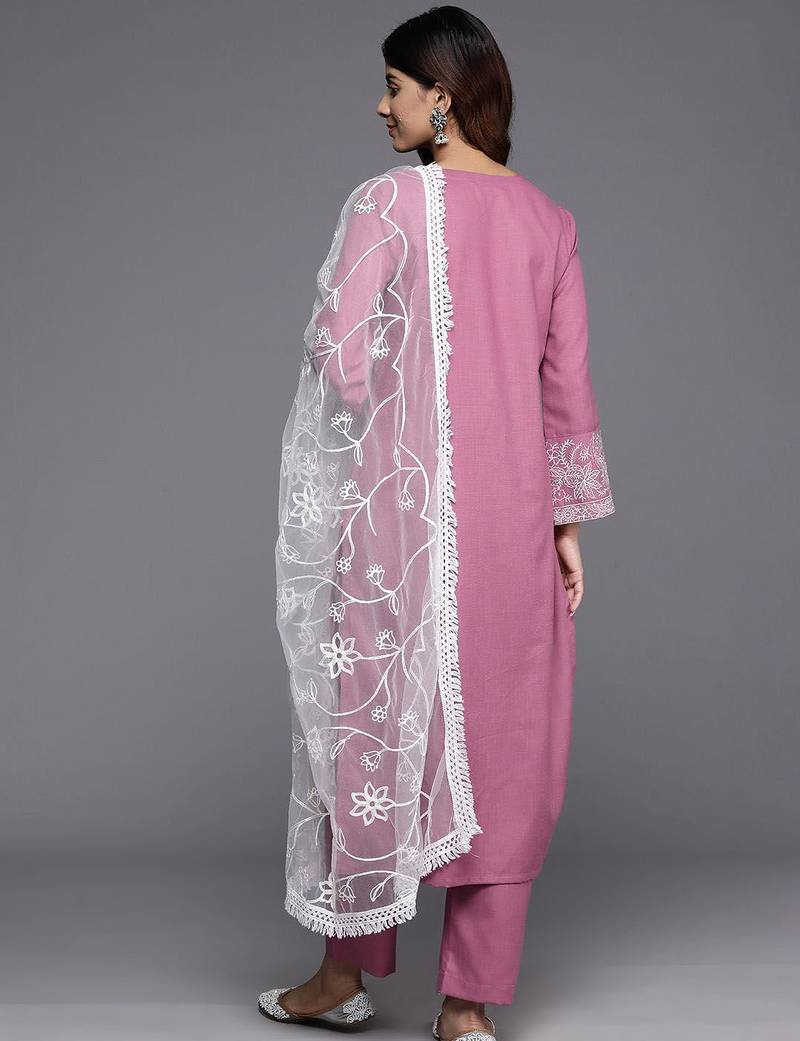 Floral Thread Embroidered Straight Kurta & Trousers With Dupatta