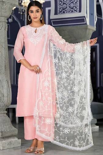 Floral Thread Zari Embroidered Straight Kurta & Trousers With Dupatta