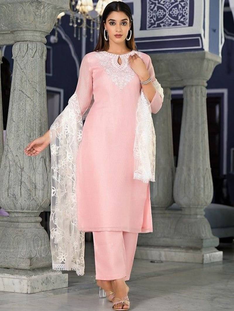 Floral Thread Zari Embroidered Straight Kurta & Trousers With Dupatta