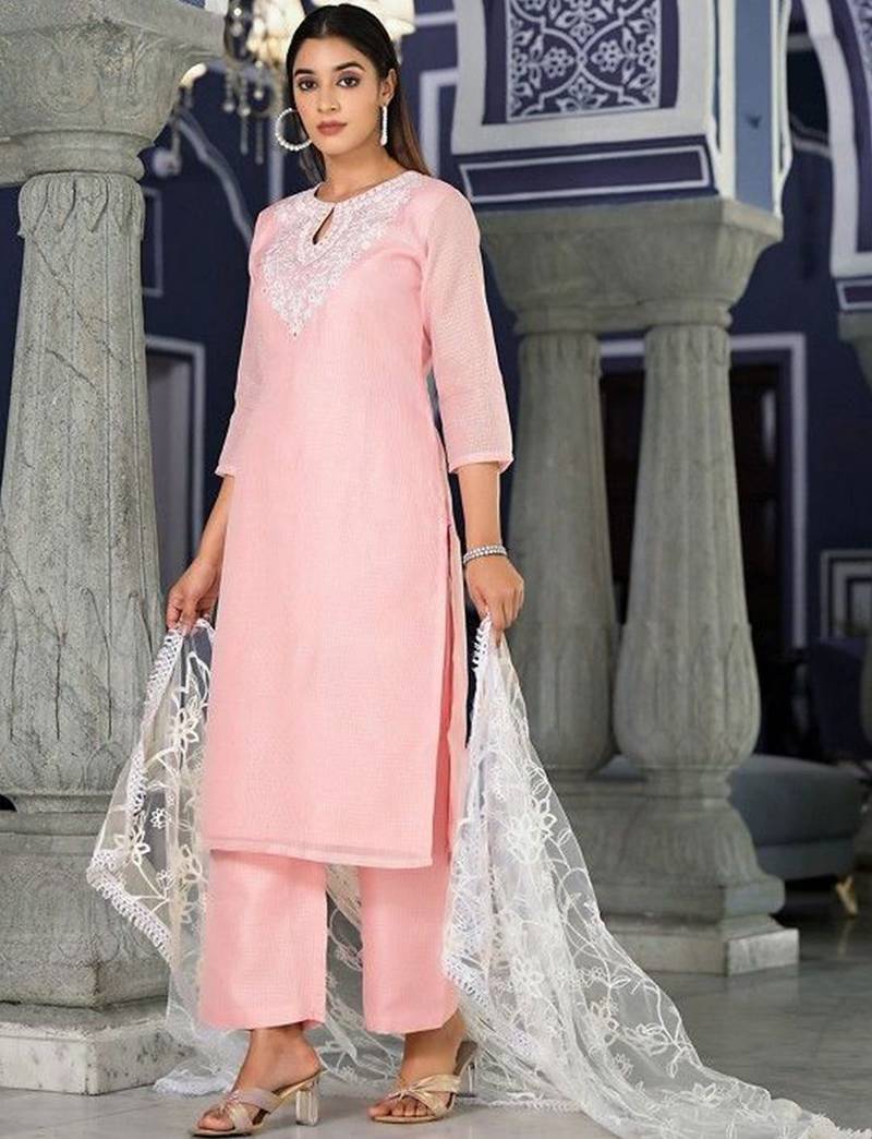 Floral Thread Zari Embroidered Straight Kurta & Trousers With Dupatta