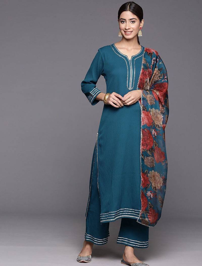 Yoke Design Straight Kurta & Trousers With Dupatta