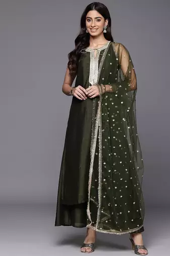 Ethnic Motifs Embroidered Sequinned Straight Kurta & Trousers With Dupatta