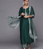 Ethnic Motifs Yoke Design Sequinned Straight Kurta With Trousers & Dupatta
