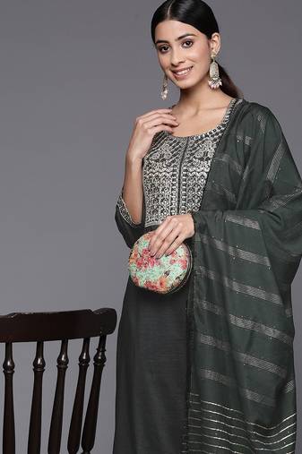 Women Green Yoke Design Sequinned Kurta with Trousers & With Dupatta