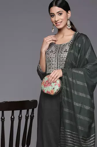 Women Green Yoke Design Sequinned Kurta with Trousers & With Dupatta