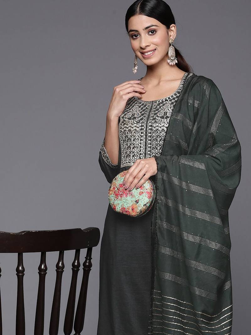 Women Green Yoke Design Sequinned Kurta with Trousers & With Dupatta