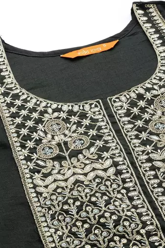 Women Green Yoke Design Sequinned Kurta with Trousers & With Dupatta