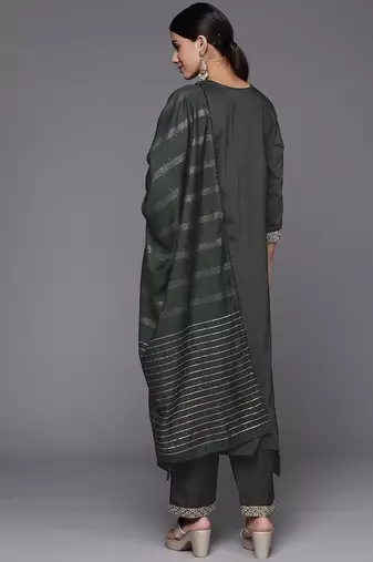 Women Green Yoke Design Sequinned Kurta with Trousers & With Dupatta