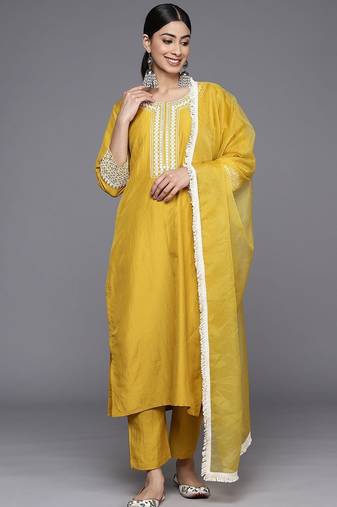 Floral Embroidered Straight Kurta with Trousers & Dupatta