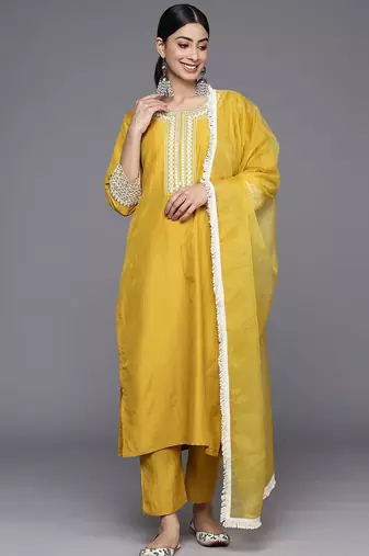 Floral Embroidered Straight Kurta with Trousers & Dupatta