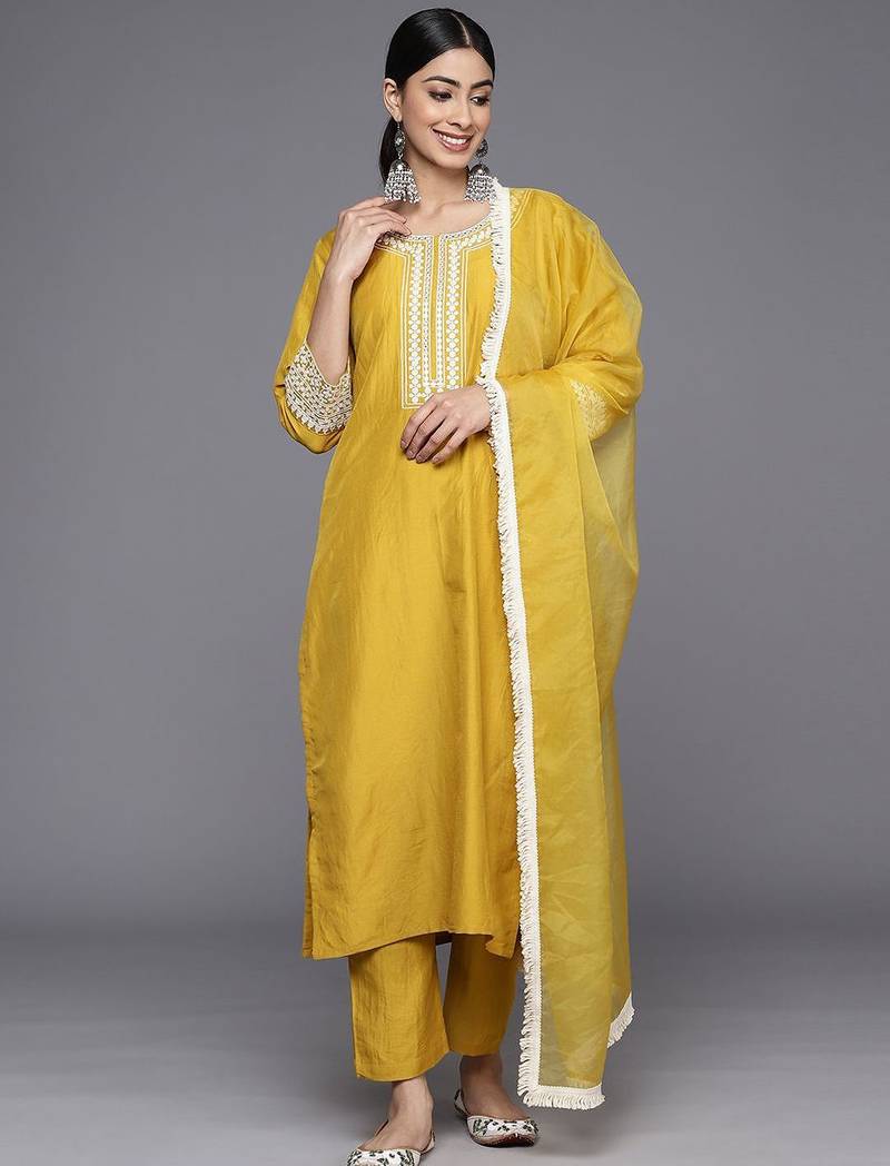 Floral Embroidered Straight Kurta with Trousers & Dupatta