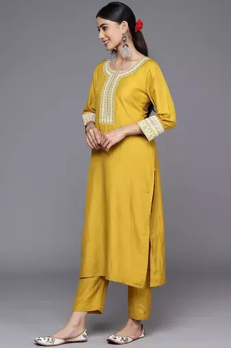 Floral Embroidered Straight Kurta with Trousers & Dupatta
