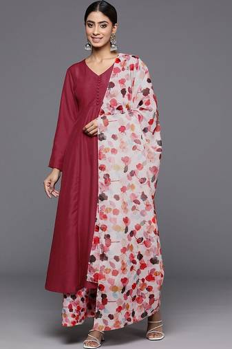 V-Neck Anarkali Kurta with Trousers & Dupatta