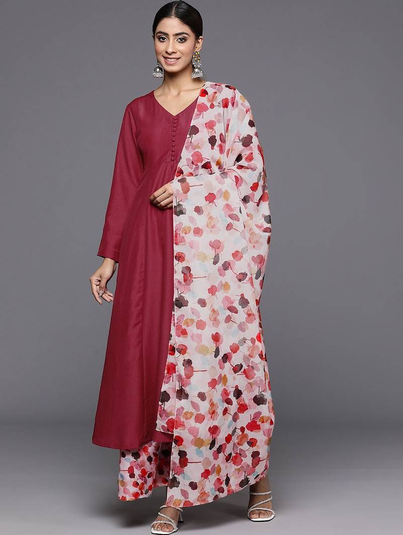 V-Neck Anarkali Kurta with Trousers & Dupatta