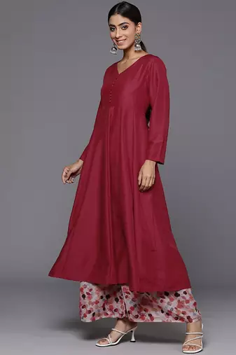 V-Neck Anarkali Kurta with Trousers & Dupatta