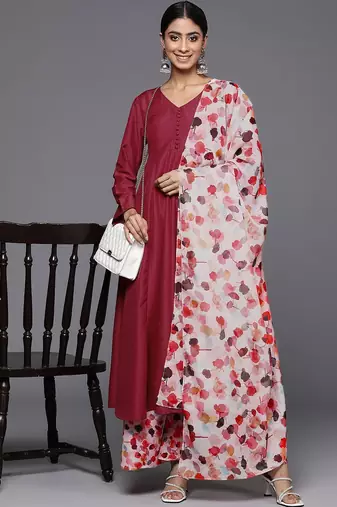 V-Neck Anarkali Kurta with Trousers & Dupatta