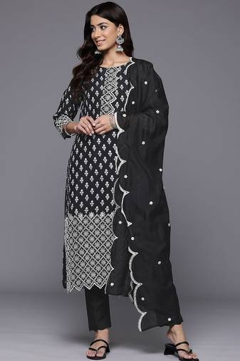 Floral Printed Thread Work Pure Silk Kurta With Trousers & Dupatta