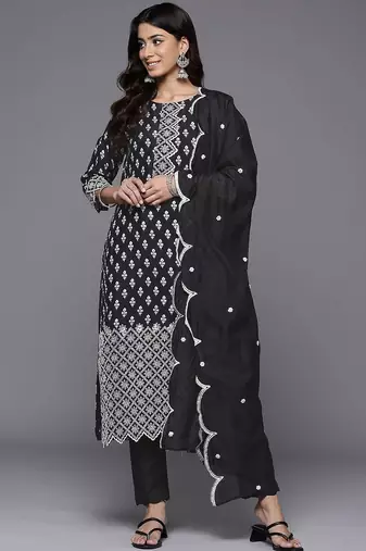 Floral Printed Thread Work Pure Silk Kurta With Trousers & Dupatta