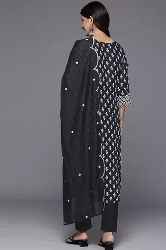 Floral Printed Thread Work Pure Silk Kurta With Trousers & Dupatta