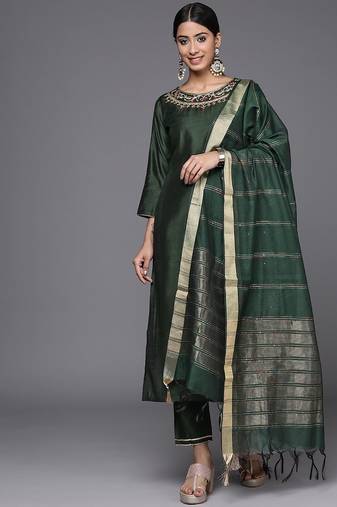 Women Green Ethnic Motifs Embroidered Sequinned Liva Kurta with Trousers & With Dupatta