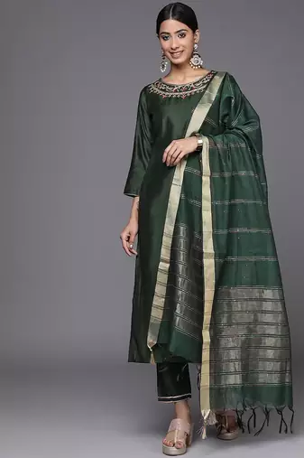 Women Green Ethnic Motifs Embroidered Sequinned Liva Kurta with Trousers & With Dupatta