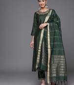 Women Green Ethnic Motifs Embroidered Sequinned Liva Kurta with Trousers & With Dupatta