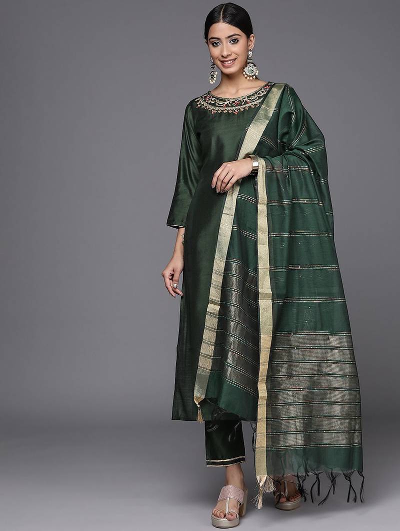 Women Green Ethnic Motifs Embroidered Sequinned Liva Kurta with Trousers & With Dupatta