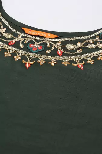 Women Green Ethnic Motifs Embroidered Sequinned Liva Kurta with Trousers & With Dupatta