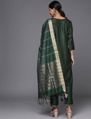 Women Green Ethnic Motifs Embroidered Sequinned Liva Kurta with Trousers & With Dupatta 6