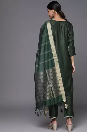 Women Green Ethnic Motifs Embroidered Sequinned Liva Kurta with Trousers & With Dupatta