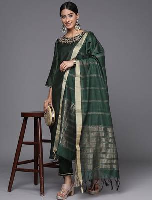 Women Green Ethnic Motifs Embroidered Sequinned Liva Kurta with Trousers & With Dupatta 7