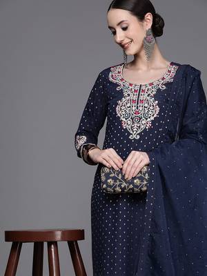Women Embroidered Thread Work Chanderi Silk Kurta with Trousers & With 2