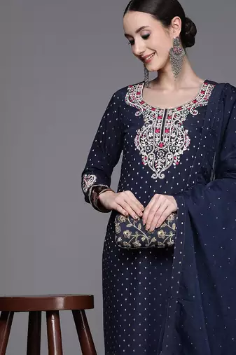 Women Embroidered Thread Work Chanderi Silk Kurta with Trousers & With