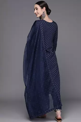 Women Embroidered Thread Work Chanderi Silk Kurta with Trousers & With
