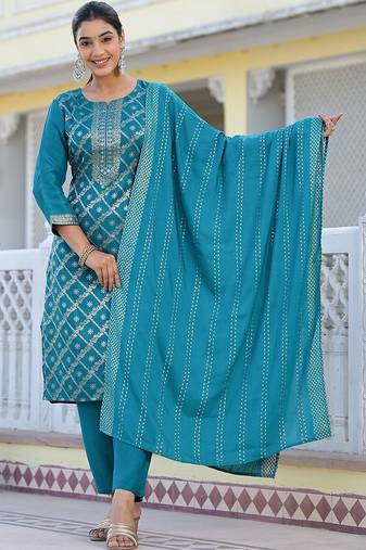 Floral Regular Pure Silk Kurta with Trouser & Dupatta