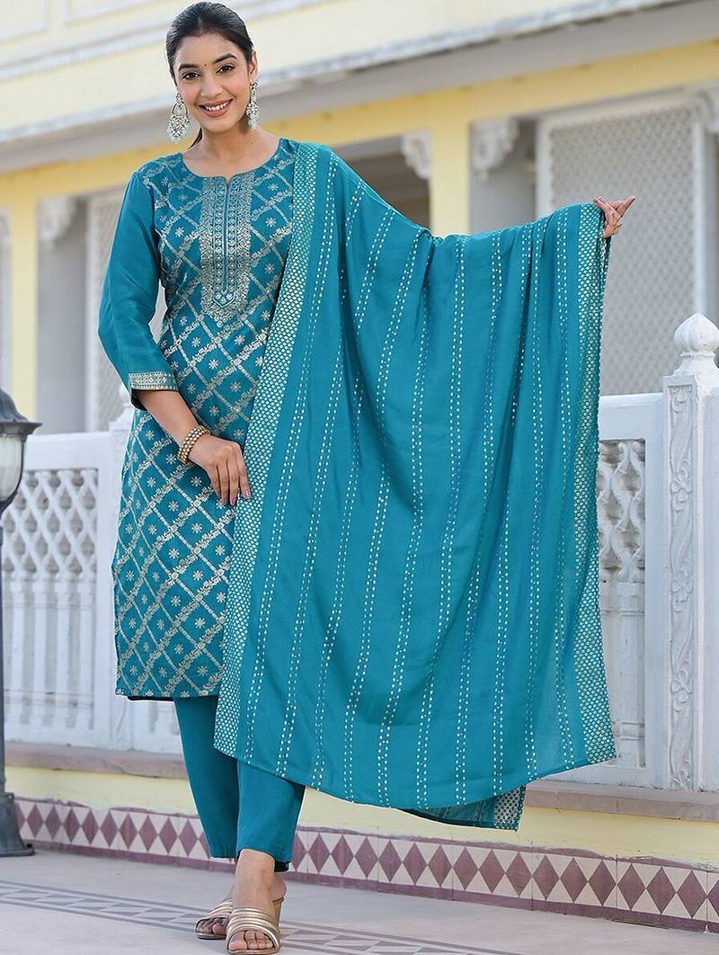 Floral Regular Pure Silk Kurta with Trouser & Dupatta