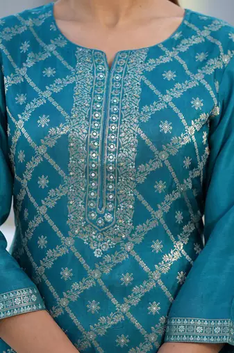 Floral Regular Pure Silk Kurta with Trouser & Dupatta