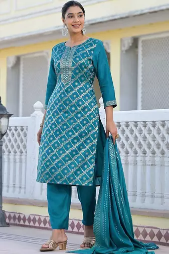 Floral Regular Pure Silk Kurta with Trouser & Dupatta