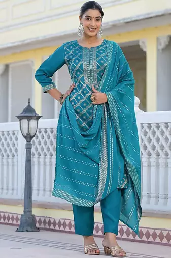 Floral Regular Pure Silk Kurta with Trouser & Dupatta