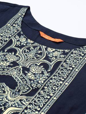 Women Navy Blue Ethnic Motifs Printed Liva Kurta with Trousers 3