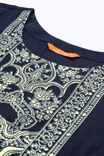 Women Navy Blue Ethnic Motifs Printed Liva Kurta with Trousers