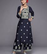 Women Navy Blue Ethnic Motifs Printed Liva Kurta with Trousers