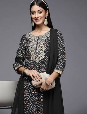 Women Black Bandhani Printed Pure Cotton Kurta with Palazzos & With Dupatta 2