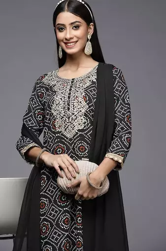 Women Black Bandhani Printed Pure Cotton Kurta with Palazzos & With Dupatta