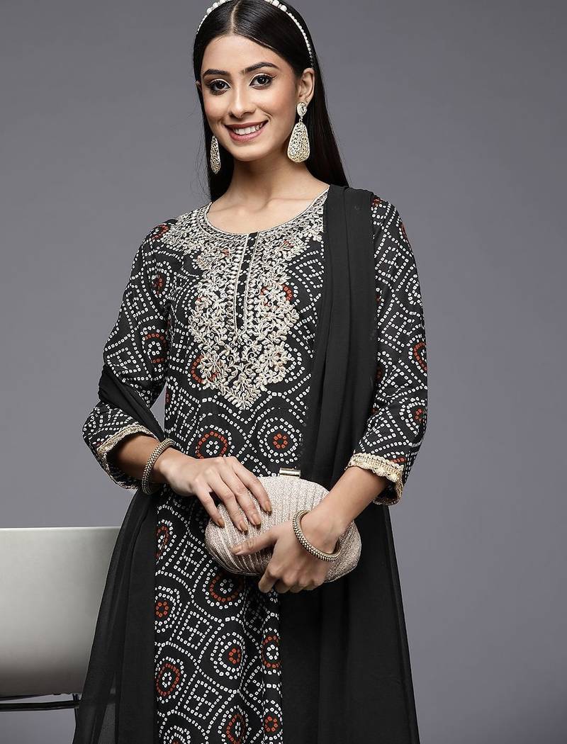Women Black Bandhani Printed Pure Cotton Kurta with Palazzos & With Dupatta