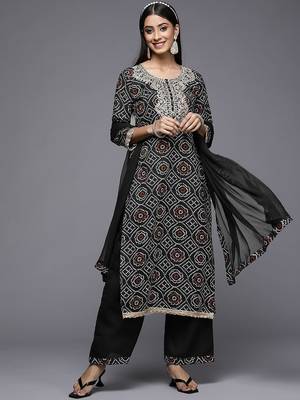 Women Black Bandhani Printed Pure Cotton Kurta with Palazzos & With Dupatta 6