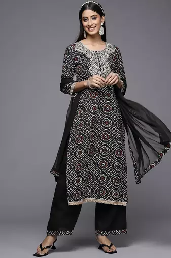 Women Black Bandhani Printed Pure Cotton Kurta with Palazzos & With Dupatta