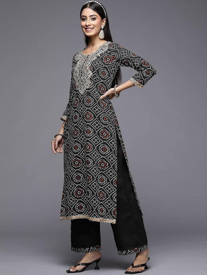 Women Black Bandhani Printed Pure Cotton Kurta with Palazzos & With Dupatta