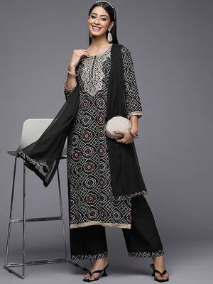 Women Black Bandhani Printed Pure Cotton Kurta with Palazzos & With Dupatta 1